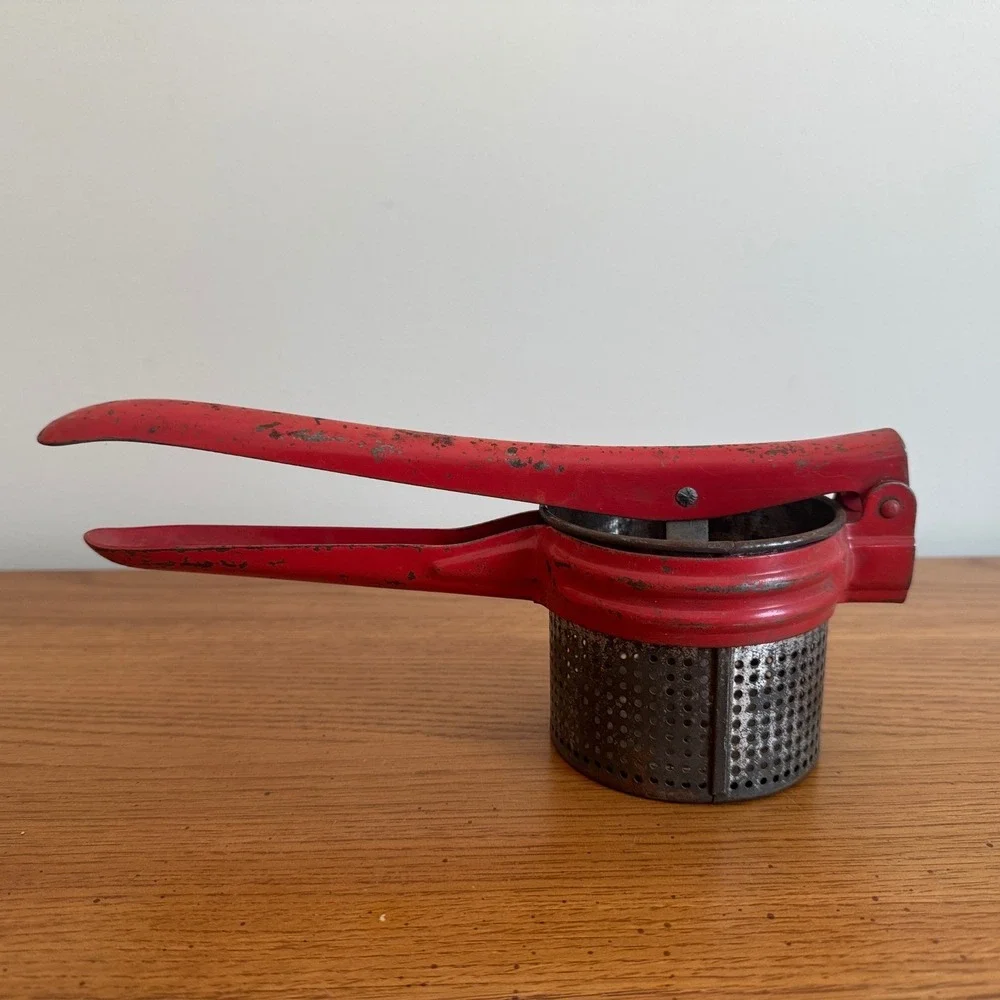 Vintage Red Metal Potato Masher‎ Ricer Kitchen Tool Gadget